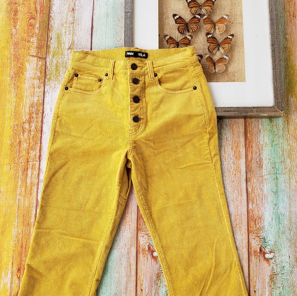 Pam & Gela Mustard Cropped Flare Corduroy Pants S - Picture 2 of 7